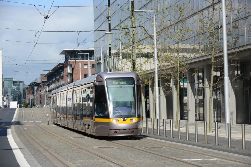 Luas red line tram heading for The Point terminal in Dublin, Ireland.